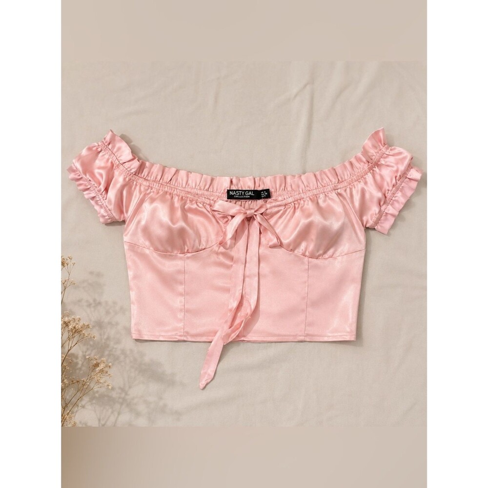 Nasty Gal Blush Pink Satin Off-Shoulder Tie-Front Crop Top